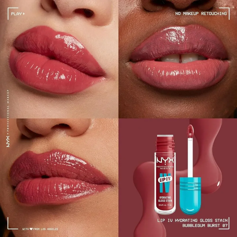 NYX Professional Makeup Lip IV Hydrating Gloss Stain 12Hr Bubblegum Burst 0.16oz